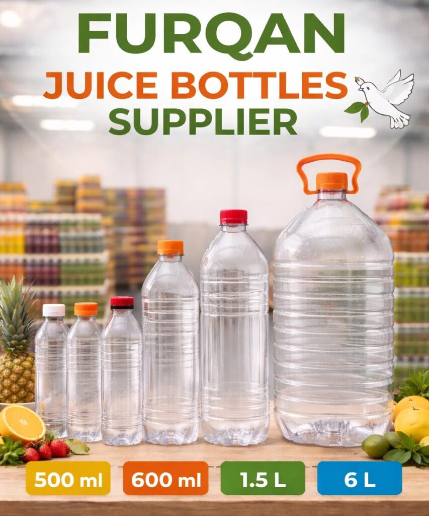 Juice bottles supplier providing empty plastic bottles for juice packaging in different sizes for beverage industry use