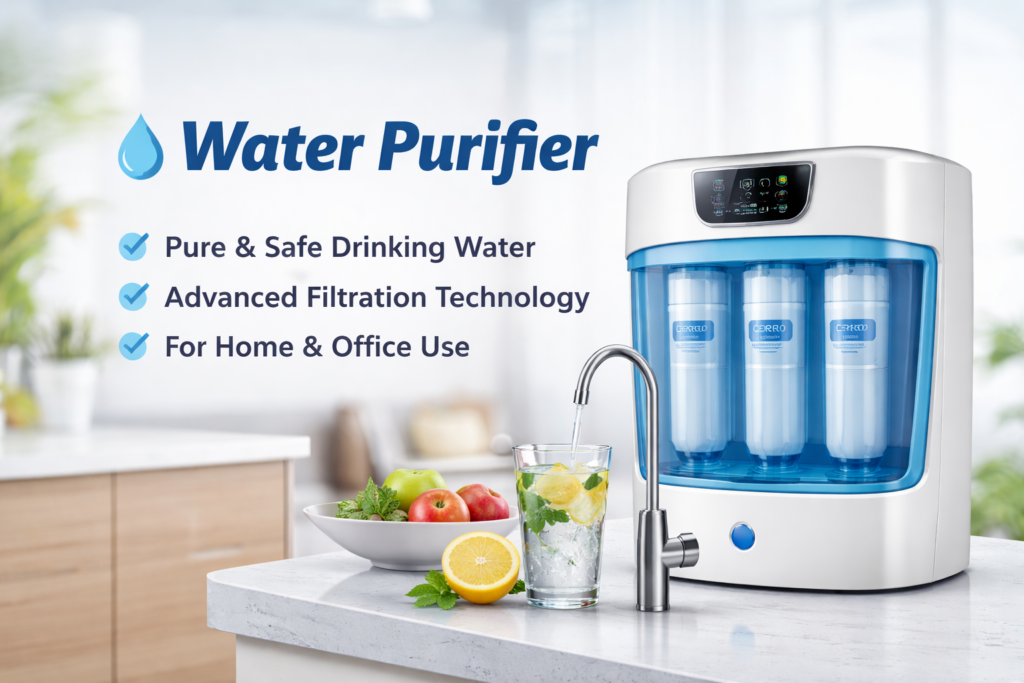 Modern water purifier placed on a clean kitchen countertop providing fresh and safe drinking water