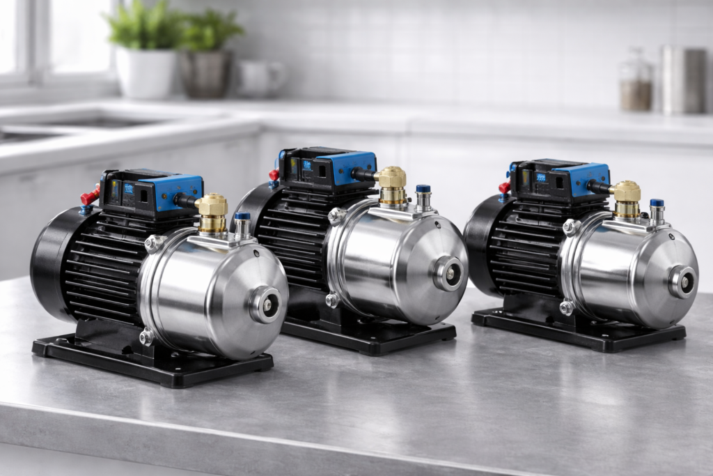 Stainless steel water pumps placed on countertop used for water filtration and RO plant systems
